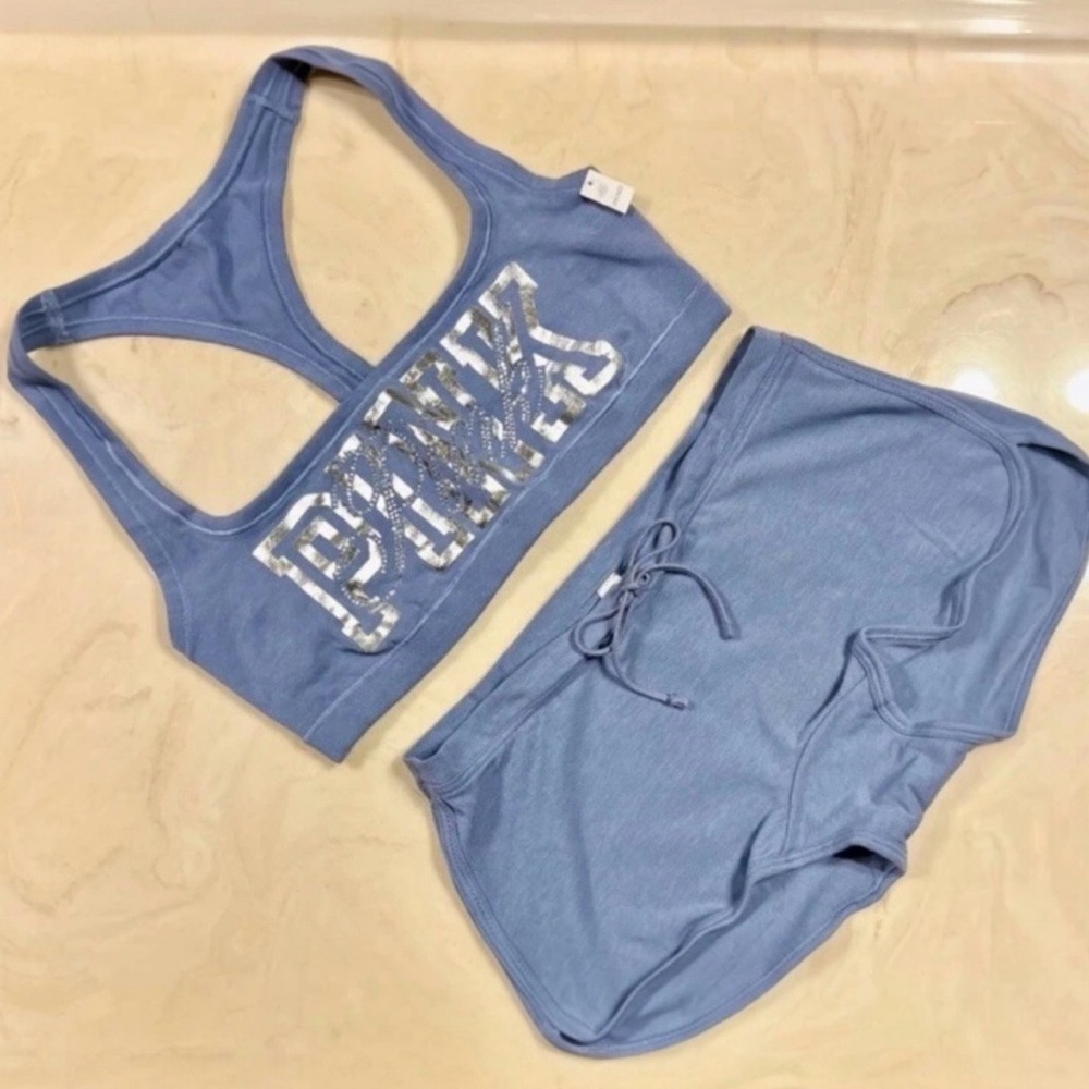 🔥PINK VICTORIA’S SECRET Cotton Dorm Bling Bralette & Boyshort Dusty Iris MEDIUM
